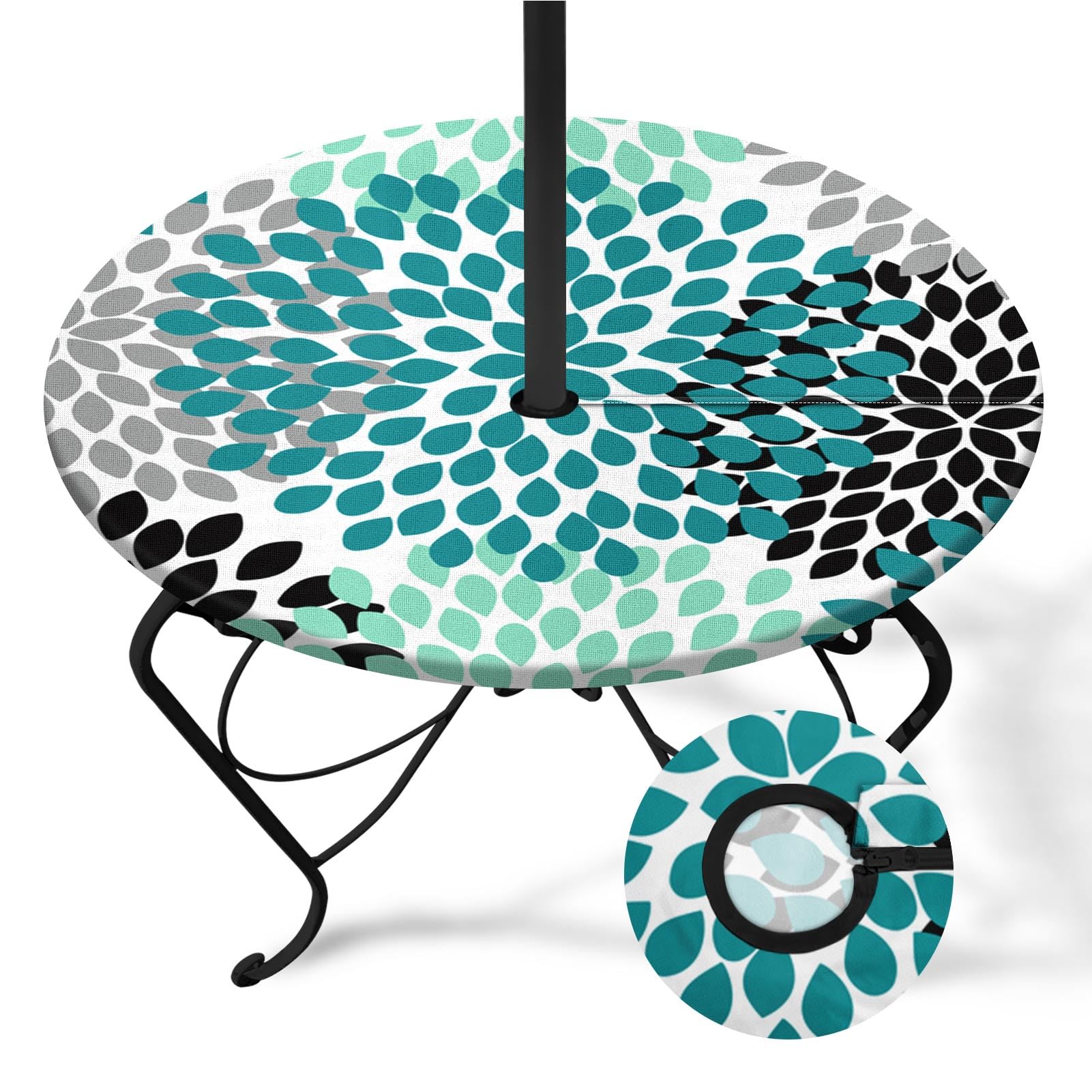 Photo 1 of Britown Teal Turquoise Round Outdoor Tablecloth With Umbrella Hole, Plaid Fitted Table Cover With Zipper, Outdoor Camping Essentials, Waterproof Umbrella Table Cloth with elastic (36''-44'')