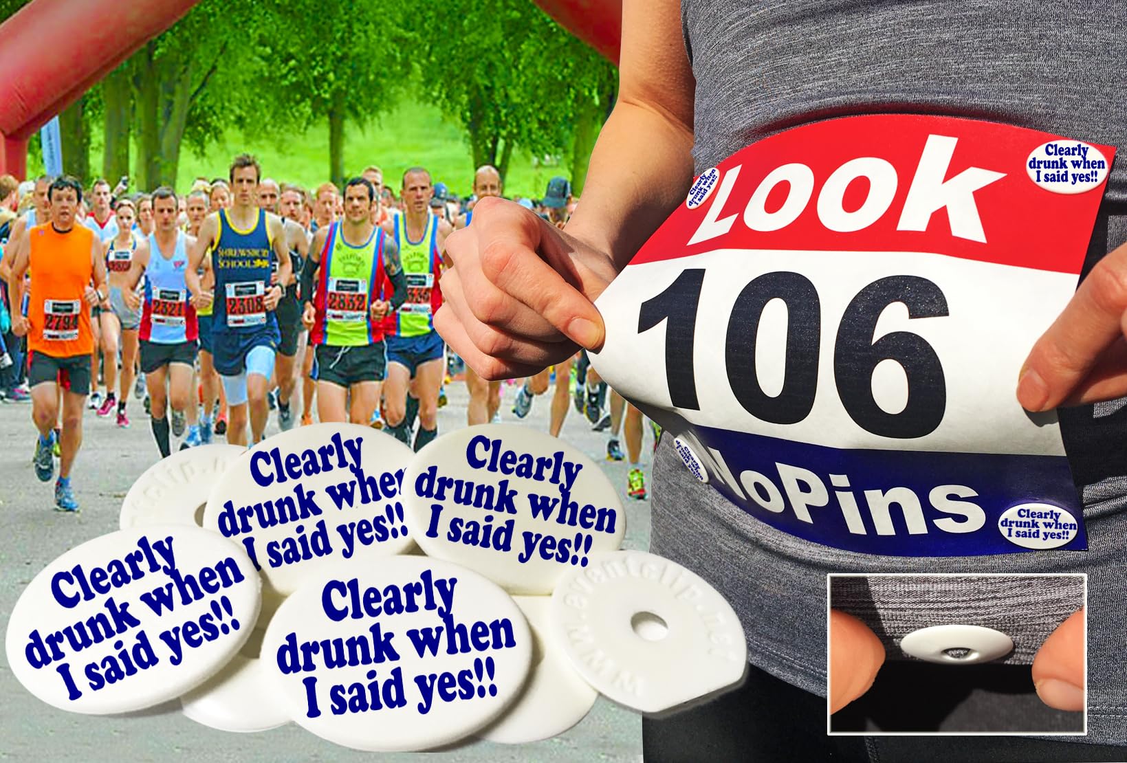 EventClip Race Bib Clips X 4 - Clearly Drunk When I said Yes. Snap-Lock for Securing Running and Cycling Numbers. Made with Recycled Plastic The Original Since 2009 Far better than Magnets.
