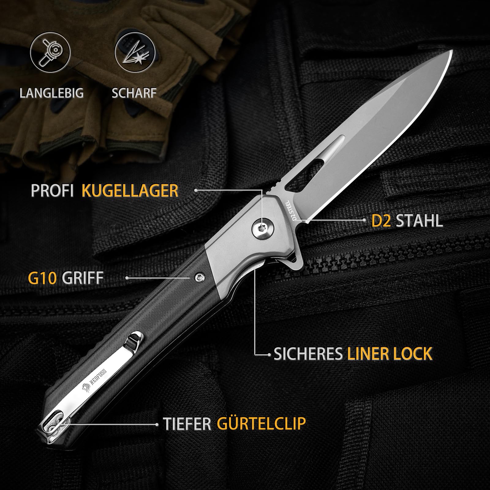 NedFoss ELF Klappmesser, Taschenmesser scharf, EDC Messer mit G10 Griff, Einhandmesser aus D2 Stahl,Outdoor messer mit Gürtelclip, Pocket Knife,Scharfes Survival messer Outdoor für Alltag und Outdoor 4