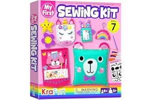 KRAFUN Mon premier kit de couture pour enfants à partir de 5 ans et plus, comprend 6 projets faciles de poupées, oreillers, s