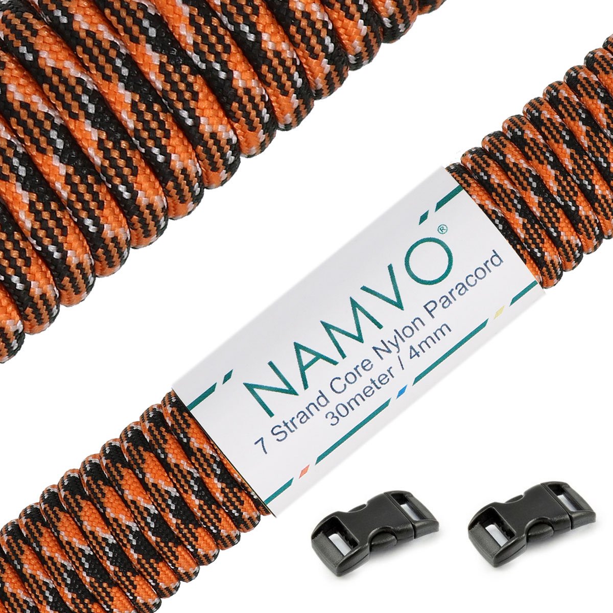 Namvo 550 Paracord Mil Spec Type III 7 strand parachute cord Total Length 100ft / 30 Meters, Black + Orange Camo