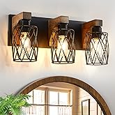 Farmhouse Bathroom Vanity Light, 3-Light Wood Bathroom Light Fixtures Over Mirror, Black Industrial Vanity Lights with Metal 