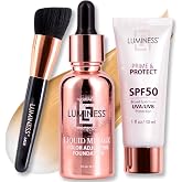 LUMINESS Liquid Mirage Color Adjusting Foundation 3PC Kit with SPF 50 Primer &amp; Pro Makeup Brush - Buildable Coverage, Designed for Mature Skin