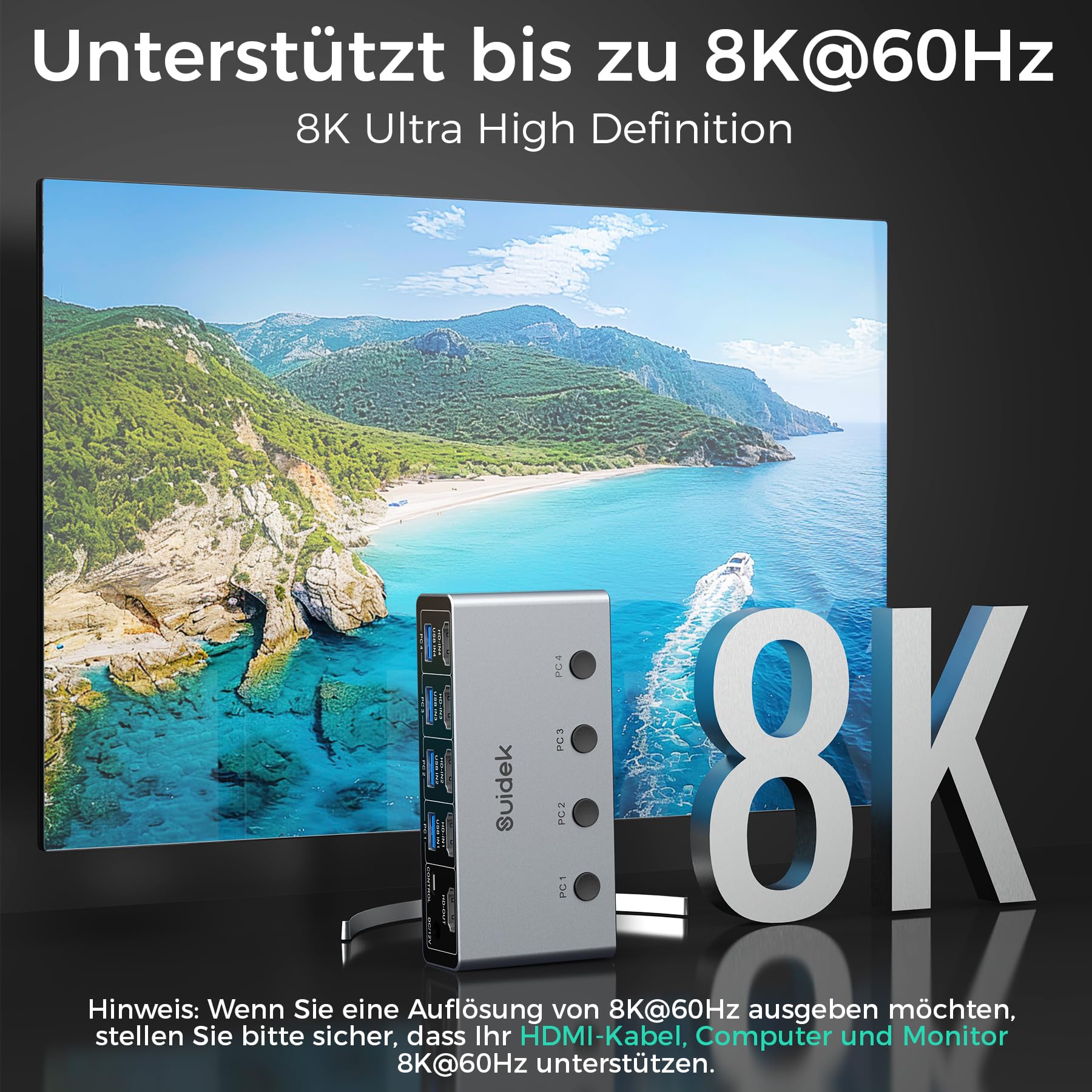 SUIDEK HDMI KVM Switch 4 PC 1 Monitor 8K@60Hz/4K@144Hz, KVM 4 in 1 out 4