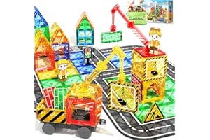 COODOO Kids Games Magnetic Tiles with 2 Cranes Construction Set Sensory Toys for Boys Girls Ages 3-6 5-7 8-13, Gifts for 3+ Year Old Boys Girls Toddler Outdoor Kids Toys with Car