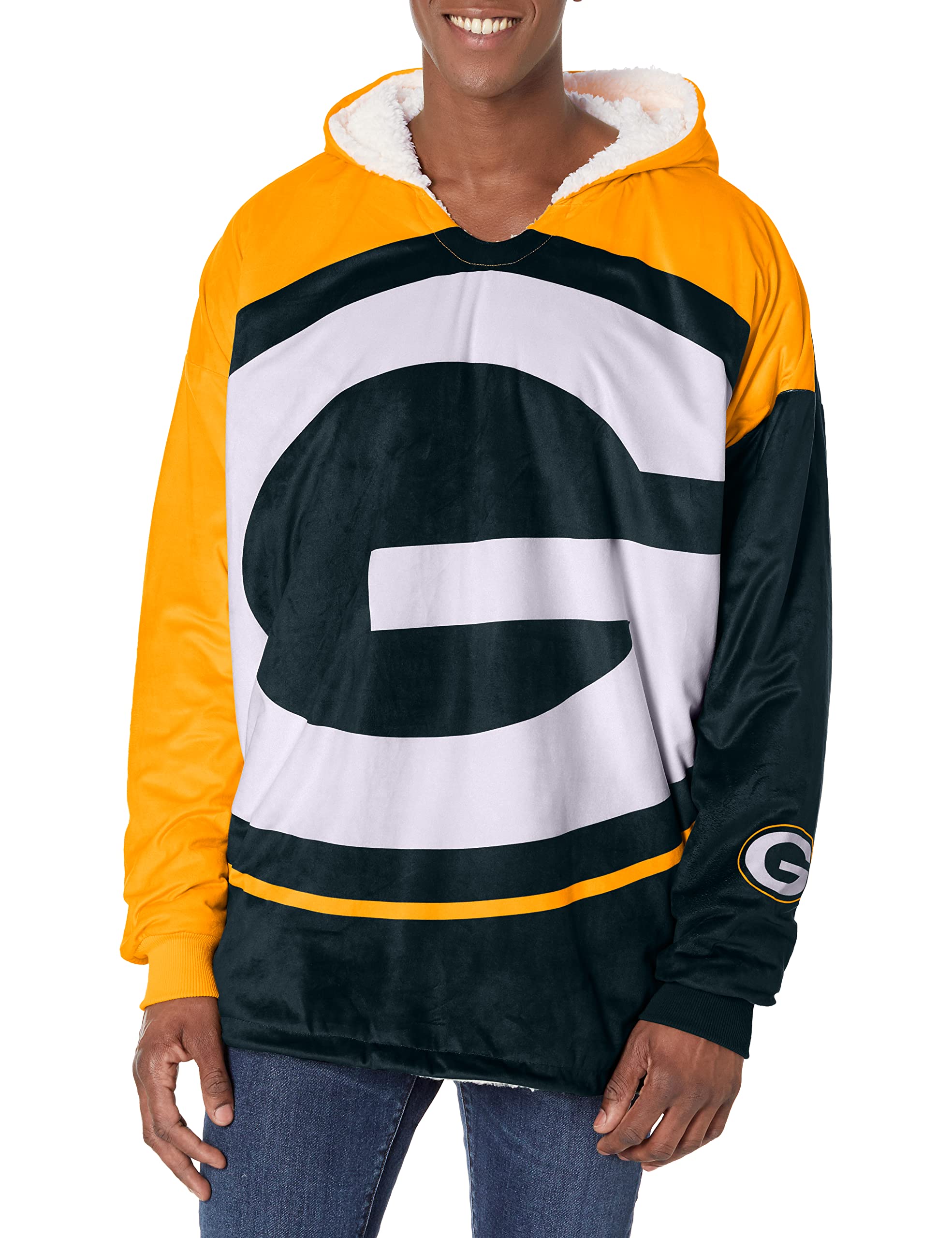 FOCO NFL Green Bay Packers Unisex Reversible Oversized Sherpa Hoodie Sweatshirt Colorblock Hoodeez One Size (HDONFSMURBUSQVC) Image