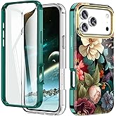 Turquiase Cute Flower Case for iPhone 17 Pro 6.3 inch Built with Screen Protector, Lightweight and Stylish Full Body Shockproof Protective Rugged TPU Case for Women/Girls-Black Flower