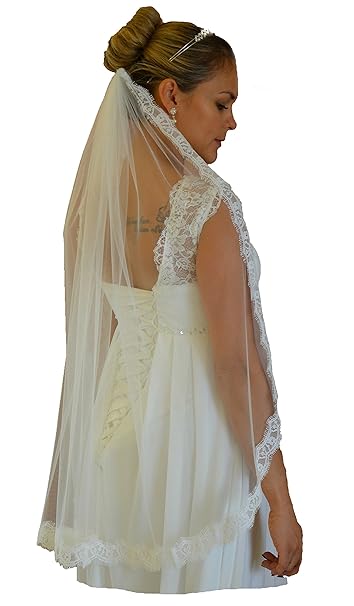Schleier FEIN Brautschleier 1 Lage Kamm Spitze 1-lagig Hochzeit Braut Weiß Ivory