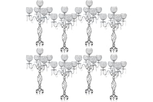 Nitial 5 Arm Crystal Candelabra Centerpieces for Tables 27 Inch Tall Crystal Candle Holders Bowl Candelabra Table Centerpieces Decor for Wedding Christmas Dinner Party Events (Silver,8 Pcs)