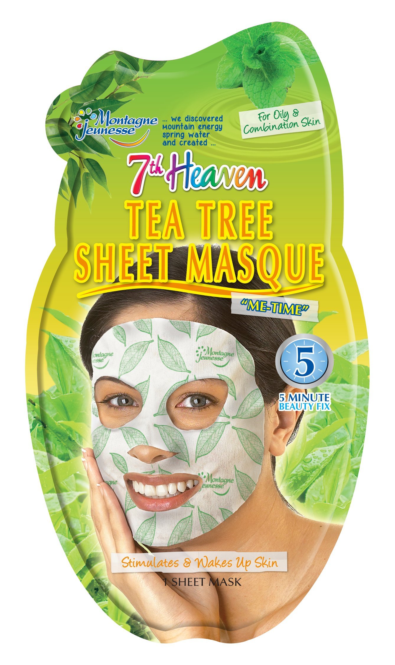 7th Heaven Tea Tree Sheet Masque with Pressed Tea Tree, Squeezed Bearberry and Crushed Spearmint to Stimulate and Wake Up Skin, Ideal for Oily and Combination Skin