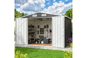 DAUSOLA 10x8 FT Outdoor Storage Shed, Metal Garden Tool Shed with Updated Frame Structure and Lockable Doors, Ideal for Backyard Garden Patio Lawn, Grey