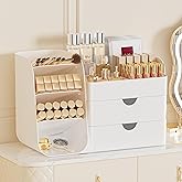 FYABREEK Makeup Organizer with 2 M Drawers & Brush Holders - Cosmetic Storage Case for Vanity, Bathroom Countertop & Desk - Skincare & Office Supplies Organizer (All White, M)