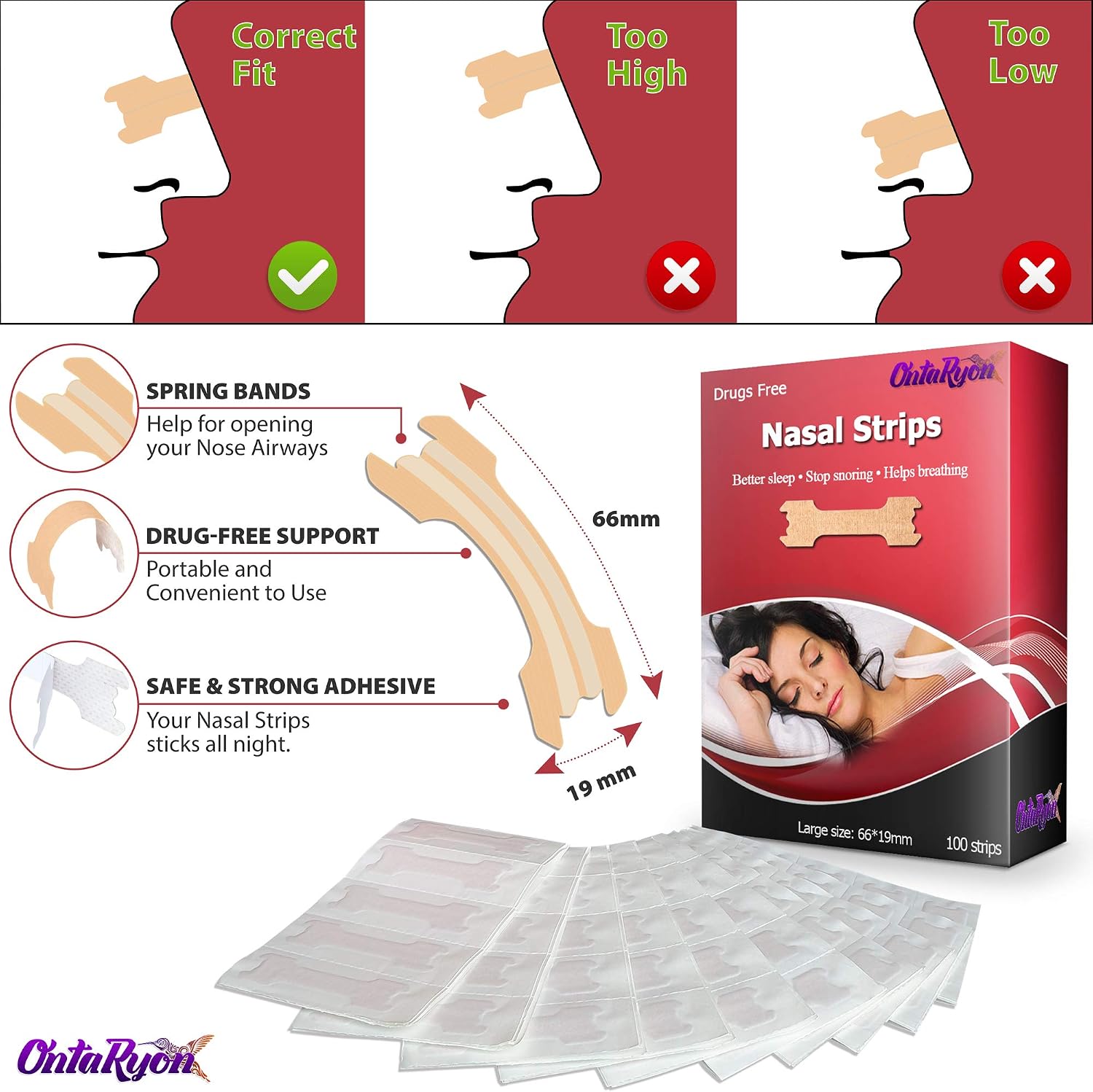 OntaRyon Nasal Strips (x100 Large), Snore Reducing Aids for Men and Women Helps Stop Snoring, Anti Snore Devices - Image 3