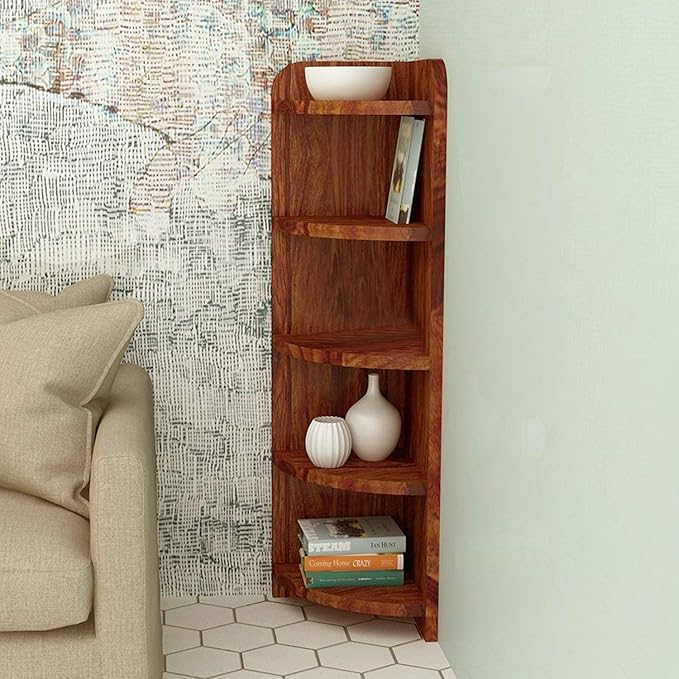 Home furniture Sheesham Wood 5 Tier Corner Wall Shelf for Living Room