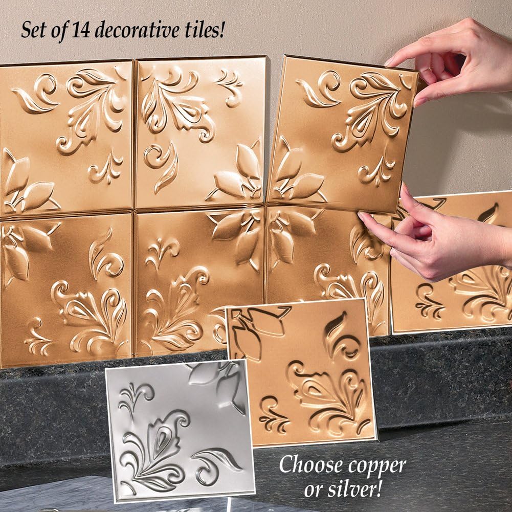 Tin Peel & Stick Raised Floral Pattern Backsplash, Kitchen, DIY Wall Tiles - Set Of 16, Silver: Home & Kitchen
