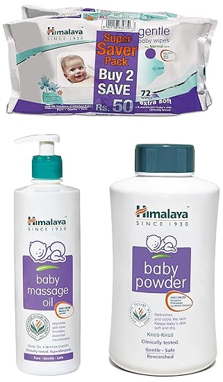 Himalaya Baby Massage Oil (500ml), Gentle Wipes (72 Napkins of 2 Packs) and Powder, 700g Combo