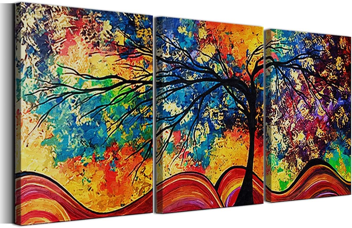La Vie 3 Teilig Wandbild mit Rahmen Bunter Abstrakter Baum Ölbild