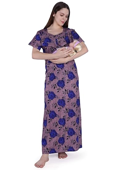 Women's Cotton Feeding Nighty/Maternity Nighty/Nursing Nighty for Post & Pre Pregnancy Wear with Zip - Free Size