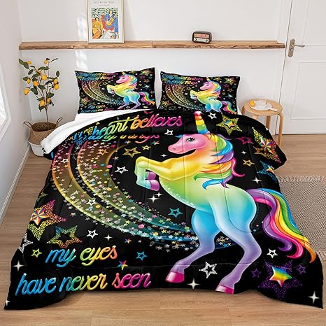 Amazon Com Magic Unicorn Comforter Rainbow Unicorn Comforter Set Rainbow Letters And Magical Unicorn Pattern Down Comforter Microfiber Filling Bedding Sets King 1 Comforter 2 Pillowcases King Unicorn9 Kitchen Dining