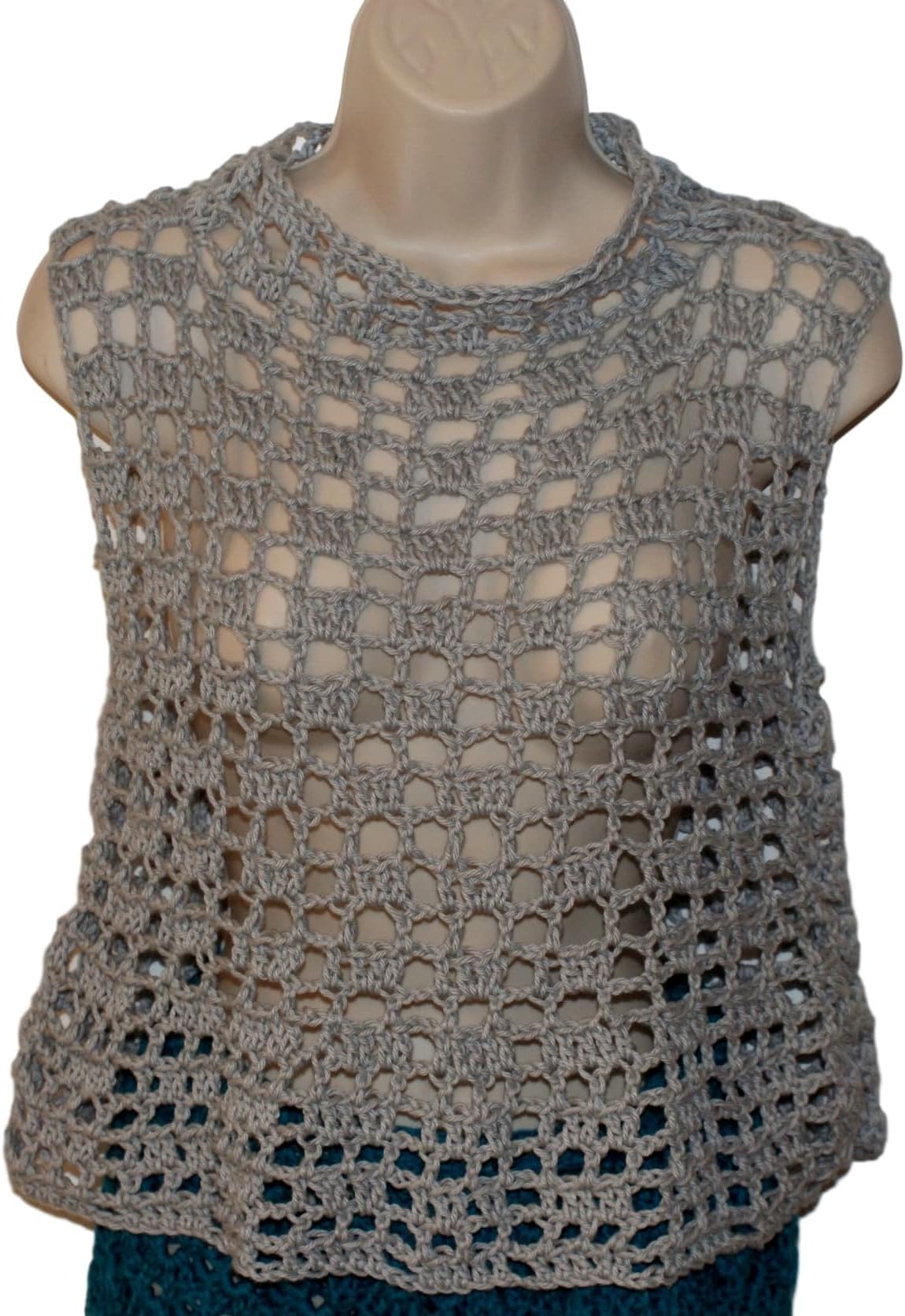 Gray Cotton Crochet Plus Size Womans Top, Dolman, Layered Look Tee Mesh Shirt