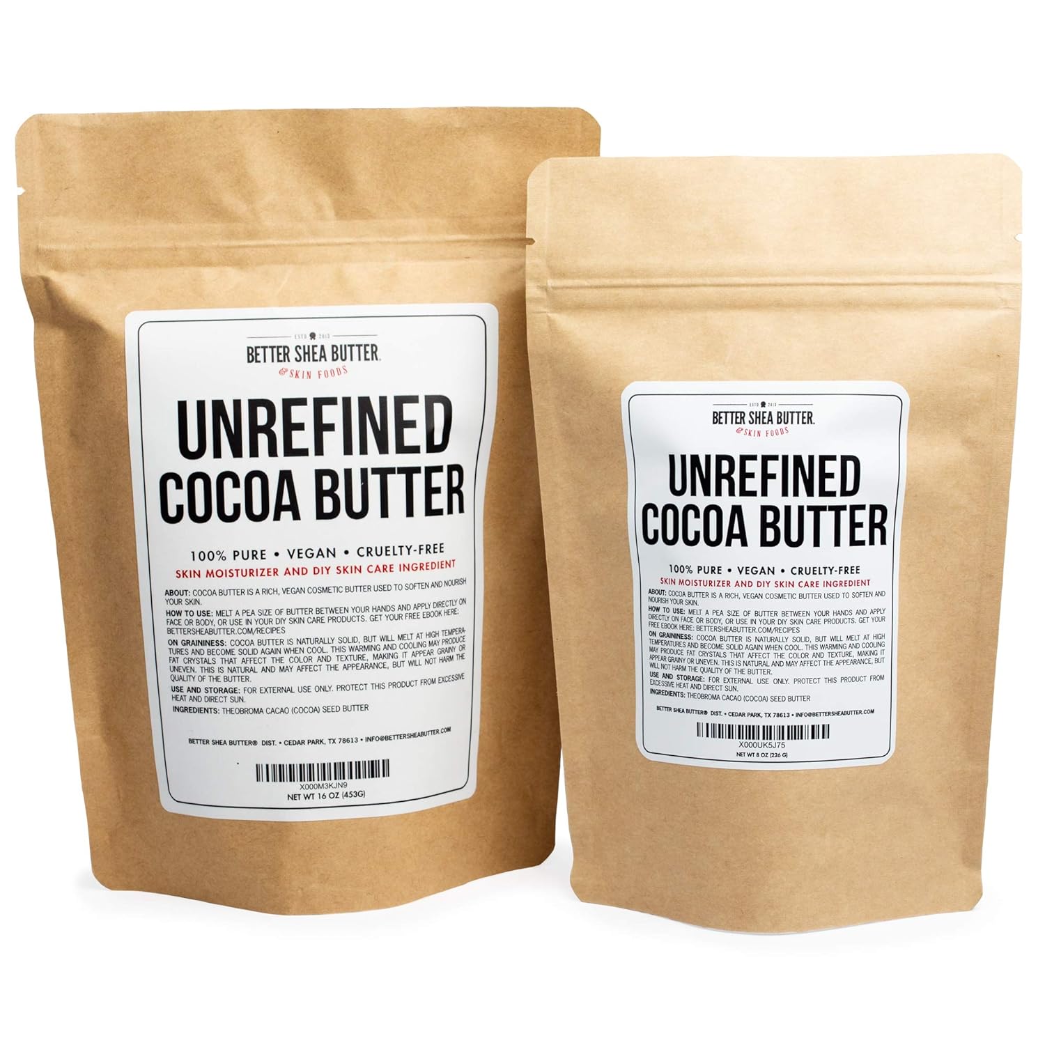 Unrefined Cocoa Butter - Use on Pregnancy Stretch Marks, Make Moisturizing Lotion, Chap Stick, Lip Balm and Body Butter - 100% Pure, Food Grade, Smells Like Chocolate - 8 oz by Better Shea Butter : Beauty