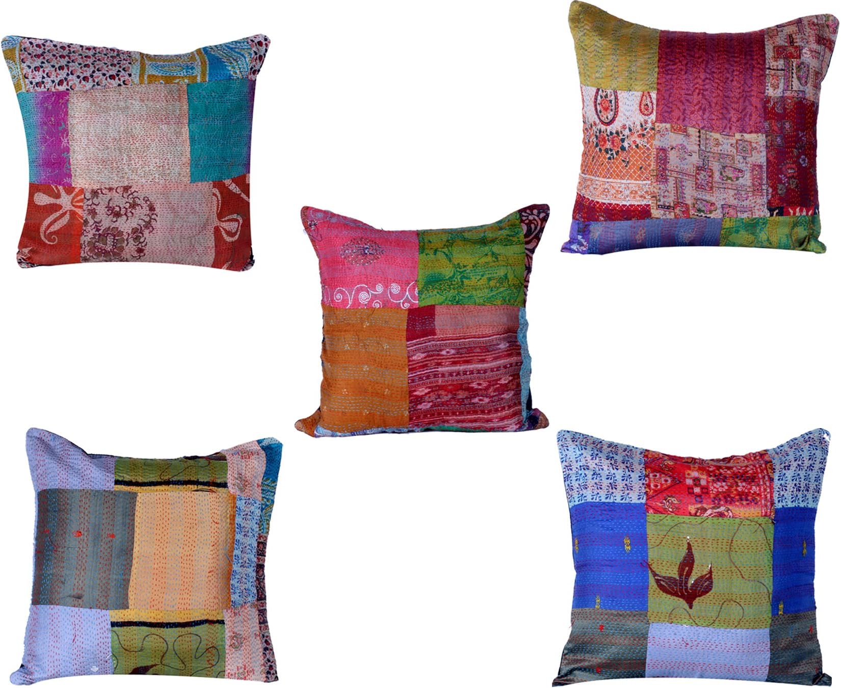 Indistar Set of 5 Throw Pillow Cover | Silk Patchwork Cushion Covers with Traditional Indian Kantha Work | Decorative Cushion Covers, 18 x 18 Inch-Assorted Color/Print