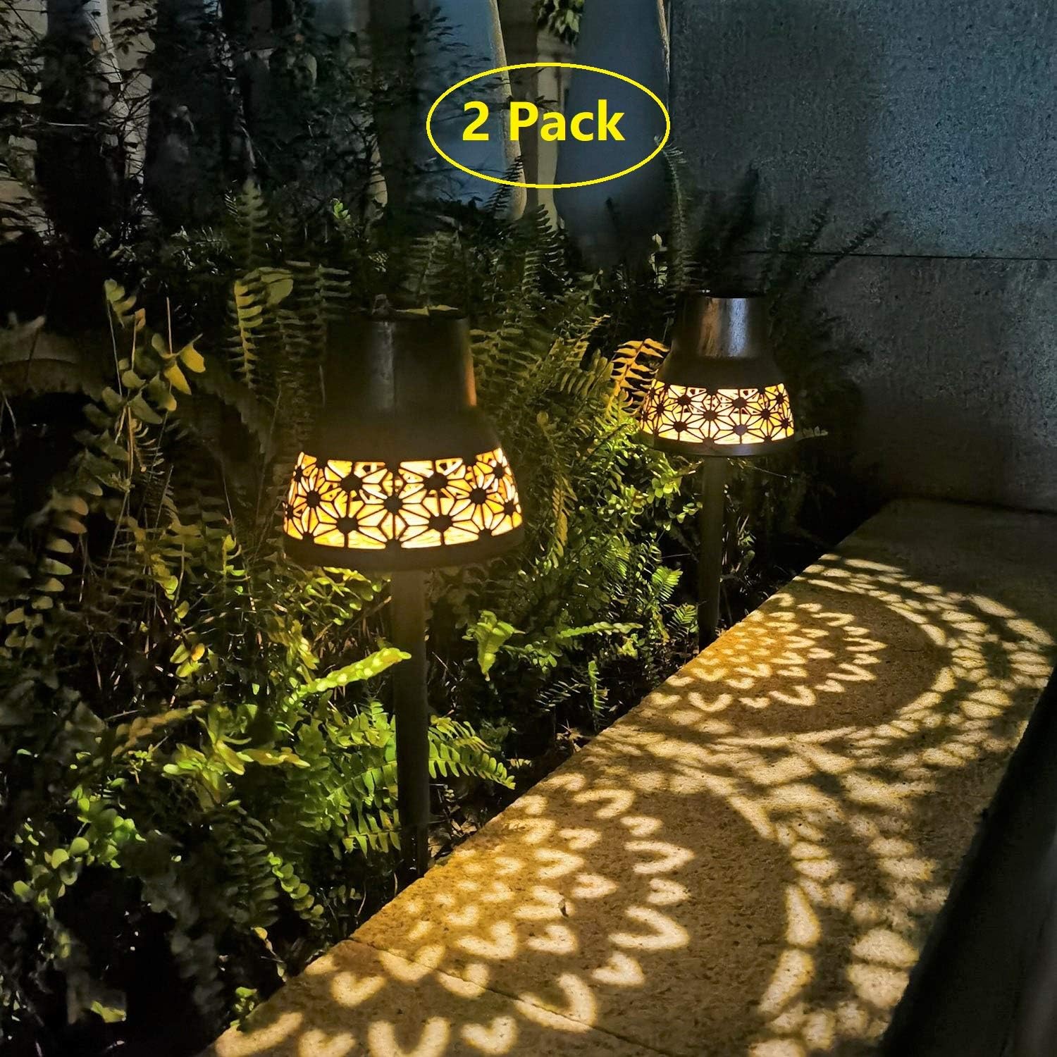 Solar Garden Lights Outdoor Decorative for Pathway Walkway Sidewalk Lawn, with Shadow Casting. 2 Pack.