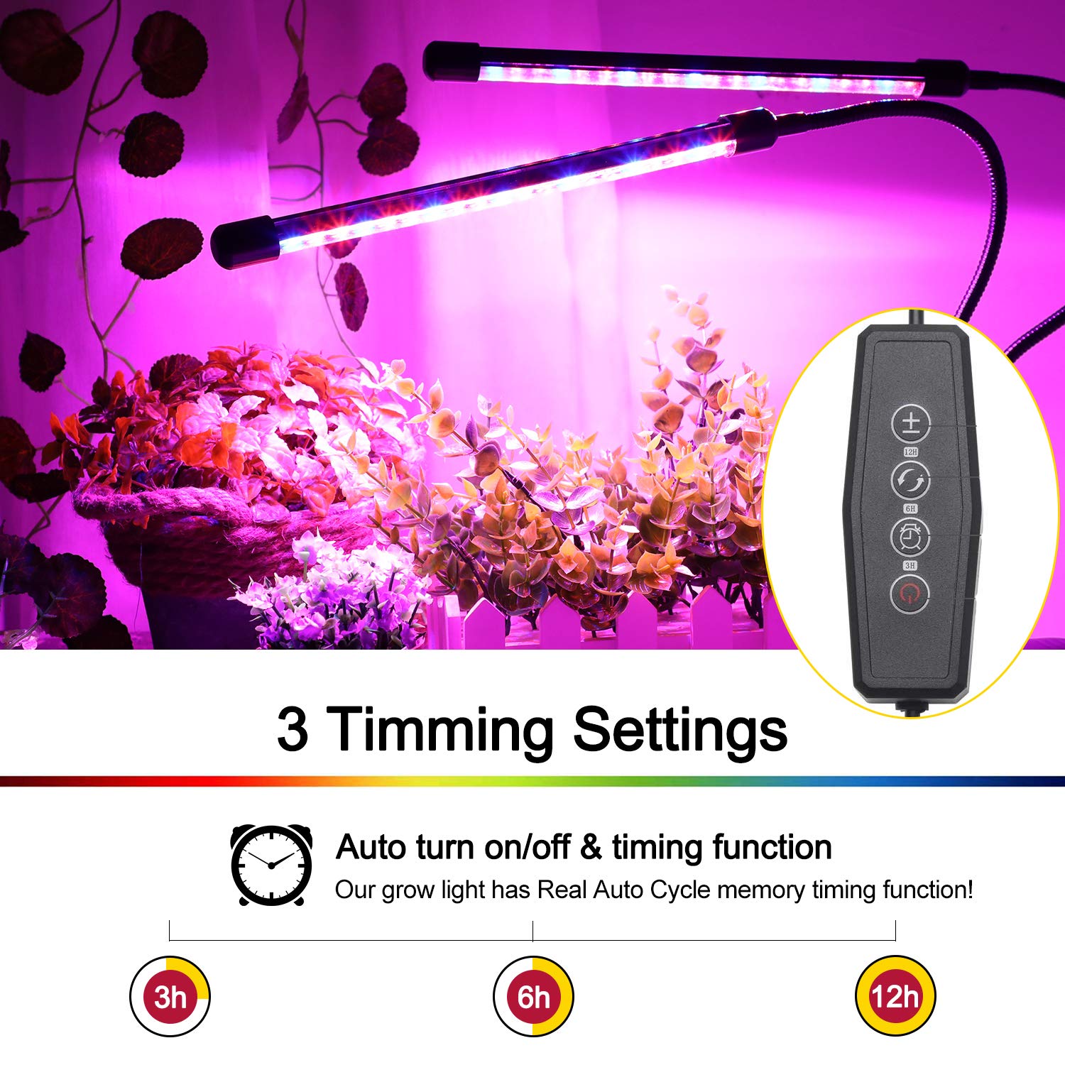 Grow Light, Grow Lights for Indoor Plants - BaoChen 30W Plant Light with Auto Turn On Function, 60 LED, 3/6/12H Timer, 5 Dimmable Modes, 3 Spectral Modes, 3 Divide Control Grow Lamp [Upgraded Switch]
