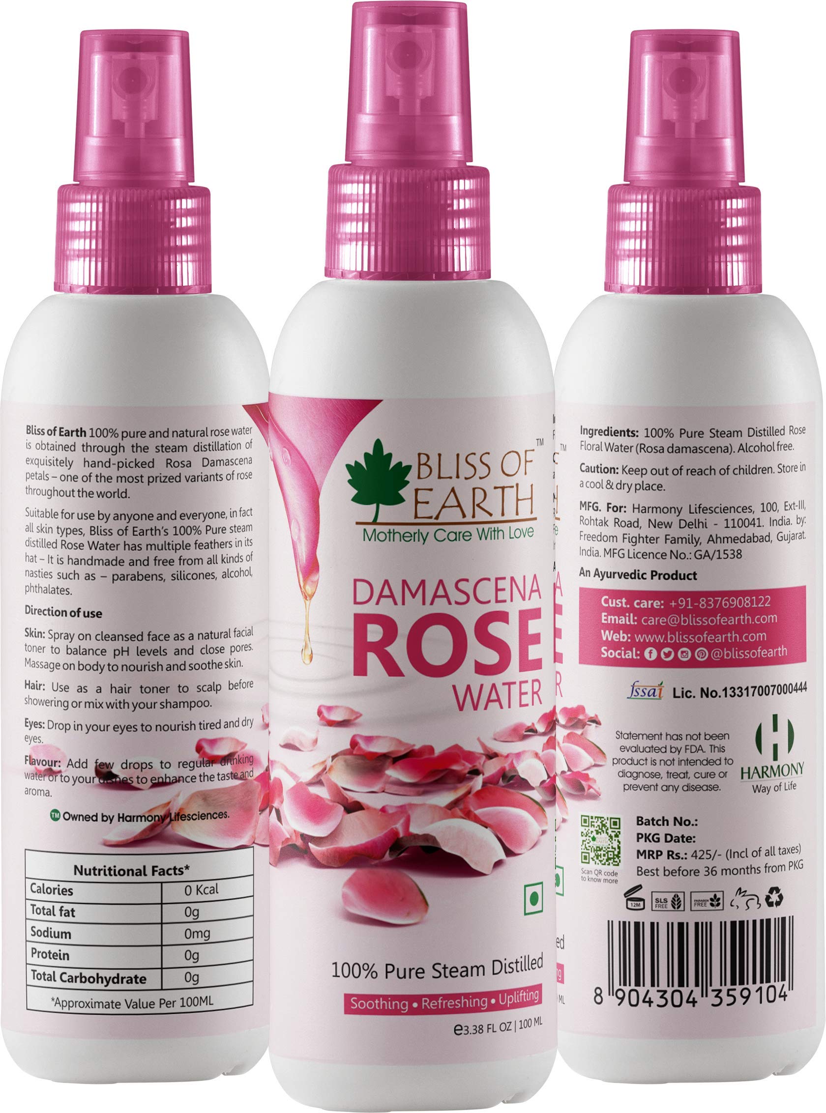 Bliss Of Earth 100 Pure Damascena Rose Water Spray For Face