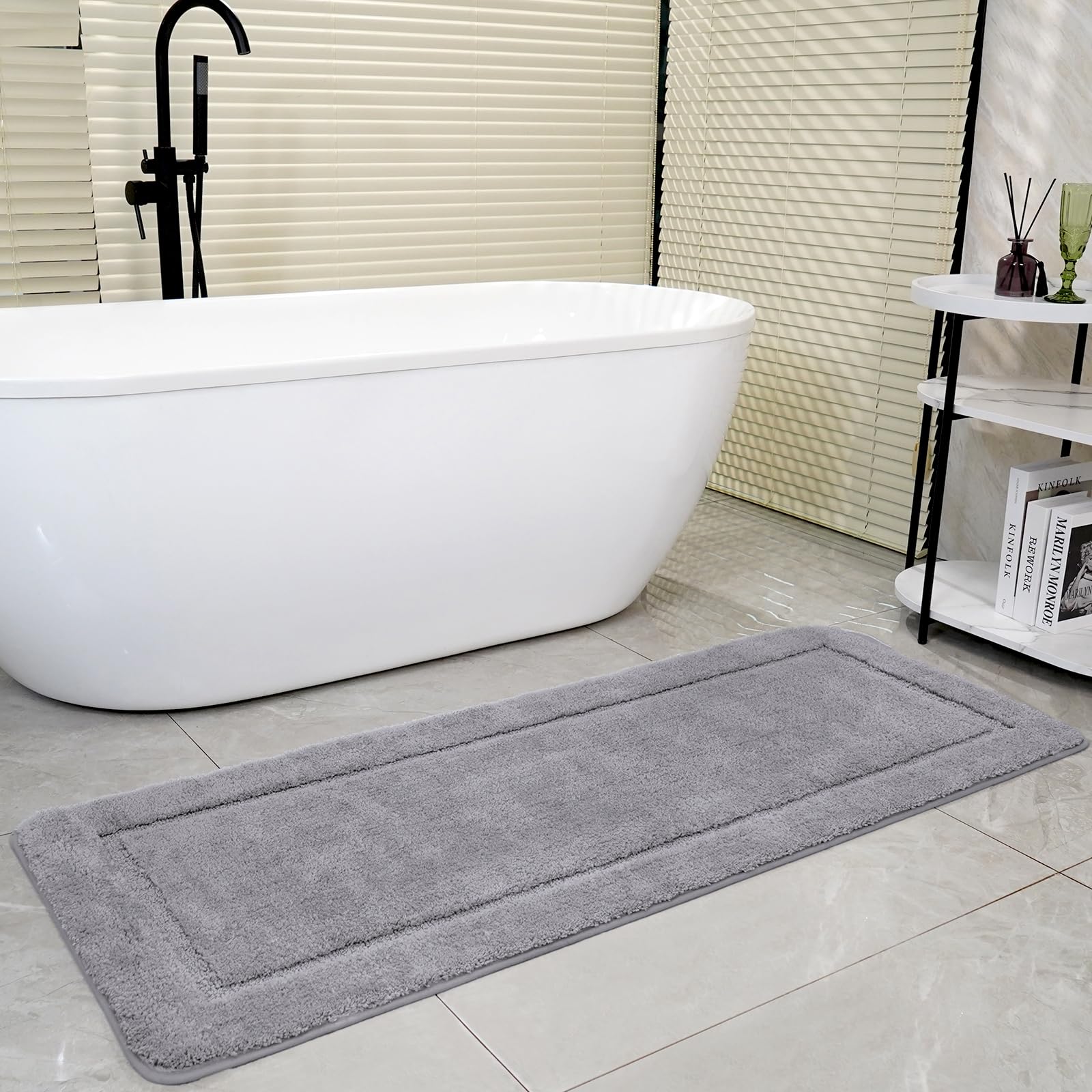 SOANNY Grey Bath Mat Only, Non-Slip Soft Microfiber Machine Washable Bathroom Carpet Water Absorbent, High Density Large Fluffy Bathtub Shower Runner Rugs for Door Entrance, Kitchen, 60x150 cm