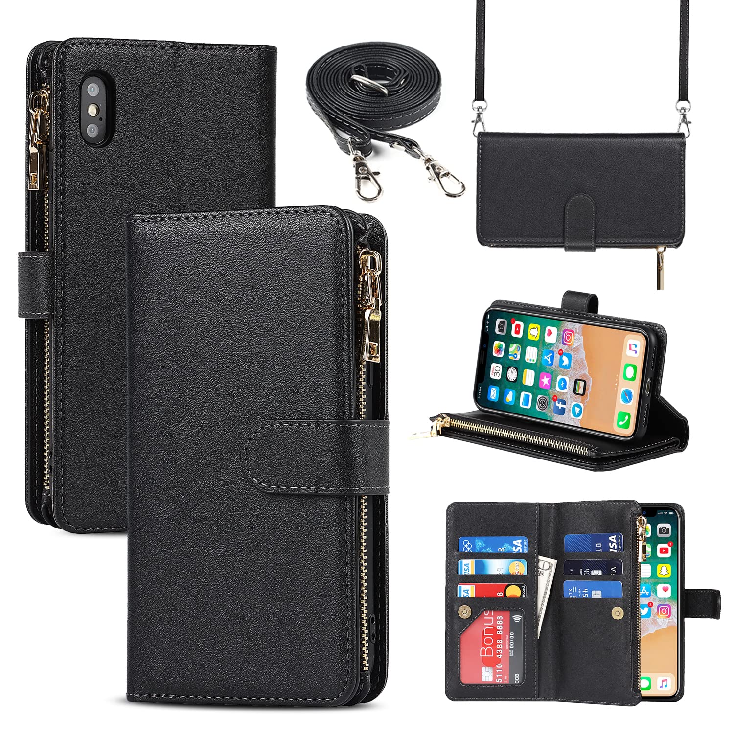 Cavor Crossbody iPhone XS Max Case With Card Holder With Strap,Flip Leather Wallet Case,[9 Card Holder] Zipper Detachable Lanyard Phone Case Cover for Women for iPhone XS Max - Black — image 1