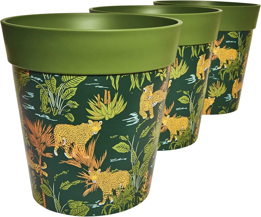 Hum Flowerpots 22cm Set of 3 Green Jungle Leopards Plastic Pots