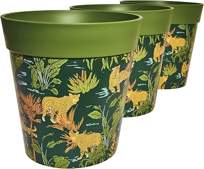 Hum Flowerpots 22cm Set of 3 Green Jungle Leopards Plastic Pots