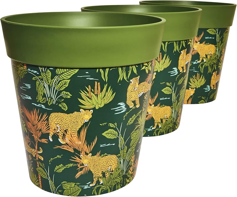 Hum Flowerpots 22cm Set of 3 Green Jungle Leopards Plastic Pots