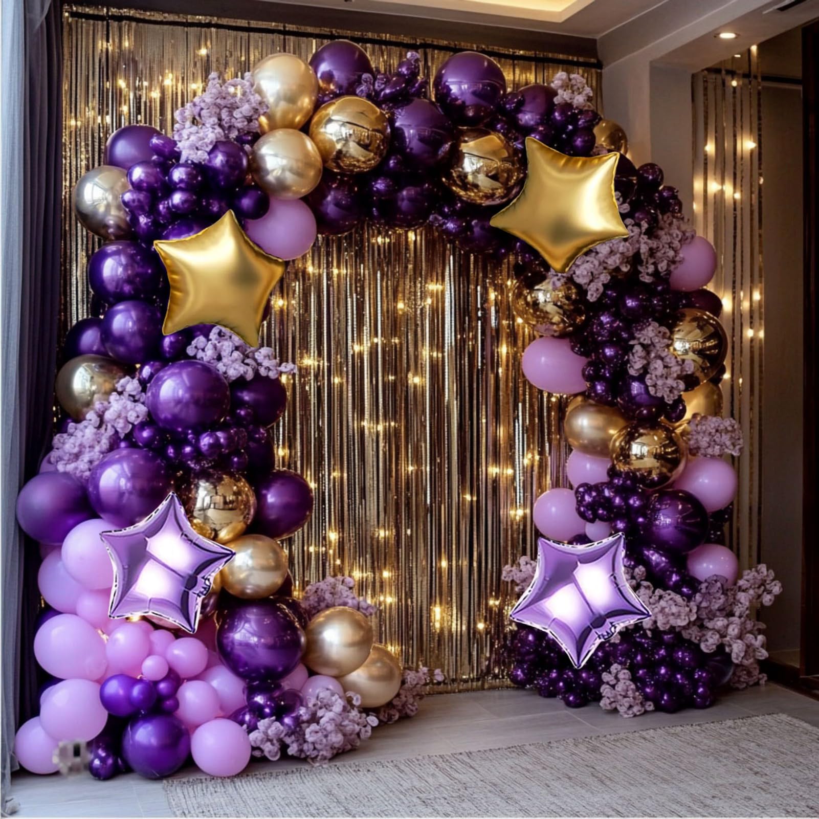 Dusty Purple and Gold Balloon Garland Arch Kit, 160Pcs Dusty Purple Light Purple Gold Latex Balloons with Star Foil Balloons for Graduation Wedding Anniversary Birthday Party Decorations