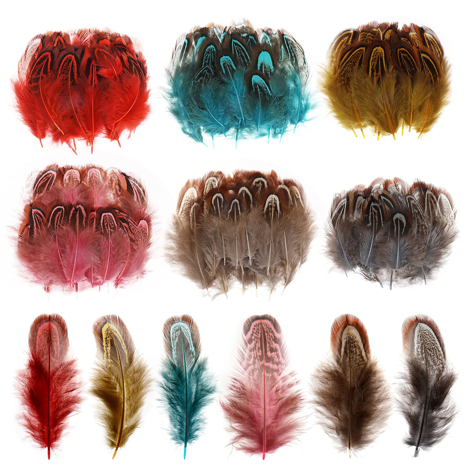MWOOT 120Pcs Crafts Art Coloured Feathers, 6 Colors Mini Pheasant Feathers 4-8cm for DIY Earrings Jewelry Dreamcatcher Making Home Wedding Baby Shower Decorations Brown Black Red Yellow Pink Blue