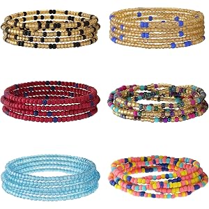 Xinjoduz 6 Pack 31.5 Inches Waist Bead Chains for Women | Stretchy African Belly Chain Stomach Beads Body Chains Elastic Colo