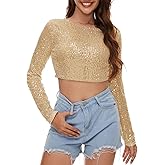 Sequin Crop Top Long Sleeve Sequin Top Sparkle Crop Top for Disco Rave Concert Party