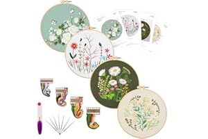 PICOEY Embroidery Starters Kit with Pattern for Beginners, 4 Pack Cross Stitch Kits, 2 Wooden Embroidery Hoops,Scissors,Needles and Color Threads,Needlepoint Kit for Adults
