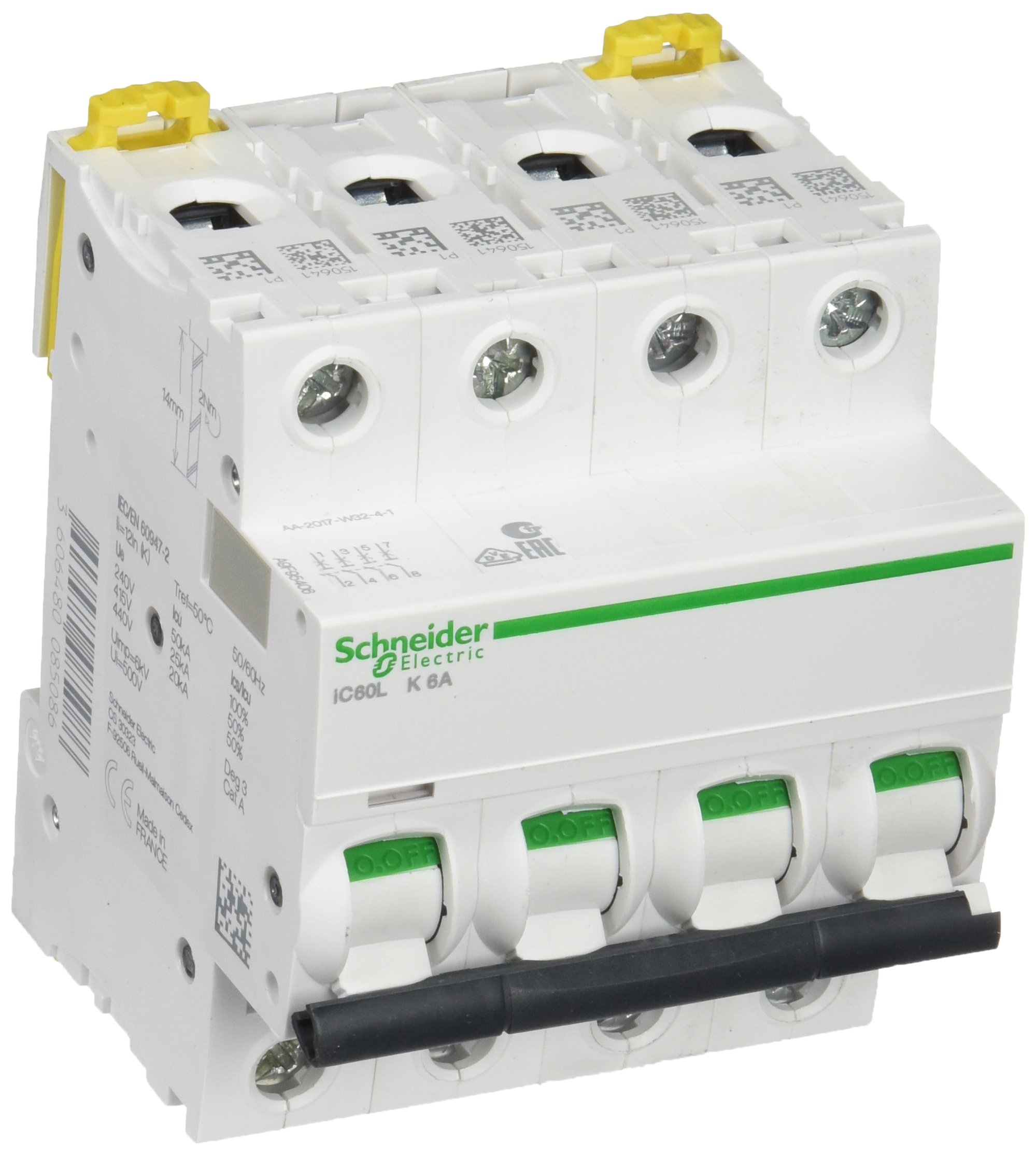 Schneider Electric a9 °F95406 ic60l Circuit Breaker, Acti9, Curvature K, 4P, 85 mm Height x 72 mm Width x 78.5 mm depth, 6 A Current, 50/60 Hz, White