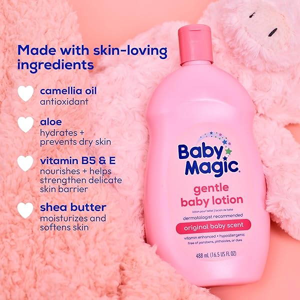 BABY MAGIC GENTLE BABY LOTION, VITAMINS & ALOE, FREE OF PARABENS, PHTHALATES, SULFATES AND DYES, CAMELLIA OIL & MARSHMALLOW ROOT ORIGINAL SCENT, 16.5 FL OZ