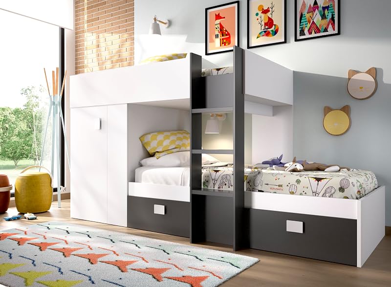 GROE - Cama Tren con 2 camas juveniles - Blanco / Grafito - 150x271x111 cm