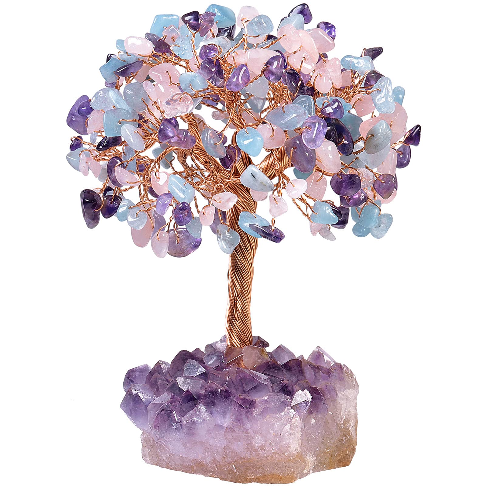 Nupuyai Rose Quartz & Amethyst & Aquamarine Crystal Tree with Amethyst Cluster Base, Fengshui Good Luck Bonsai Money Tree Figurine Home Office Decor