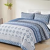 WONGS BEDDING Boho Quilt Set Queen, Blue Bohemian Striped Patchwork Summer Bedspread Coverlet Set with 2 Pillowcases,Lightweight Microfiber Floral Bedding Set 96"×90"