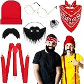 7 Pcs Halloween Men's Costume Kit Include Glasses, Red Bandana, Scruffy Mustache, Elastic Suspenders, Mustache, Red Hat and Ring for Halloween Cosplay Party