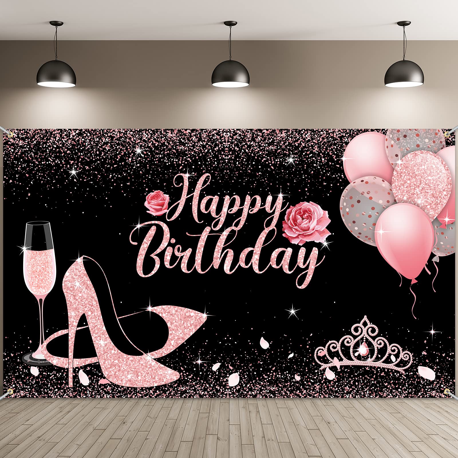 Happy Birthday Backdrop - Glitter Rose Pink Background Banner With Balloons, Heels, Wine Glass - Photography Backdrop for Women Girls Party Decorations and Supplies, 6 x 3.6 Feet
