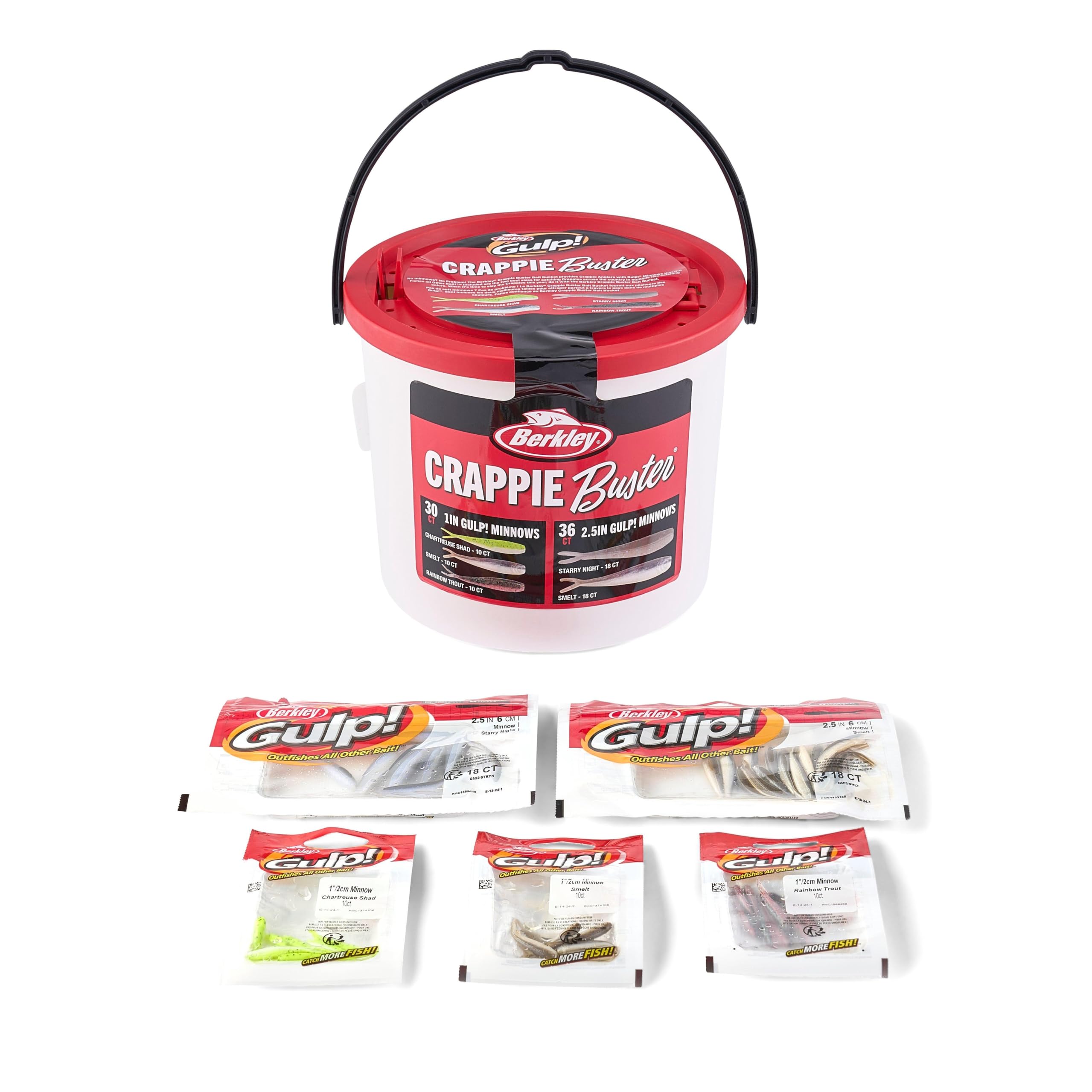 Berkley Crappie Buster Kit, 67 Piece Set Includes 3 Bags of Gulp! Minnows in 1.5”, 2 Bags of Gulp! Minnows in 2.5” and Bait Bucket Image