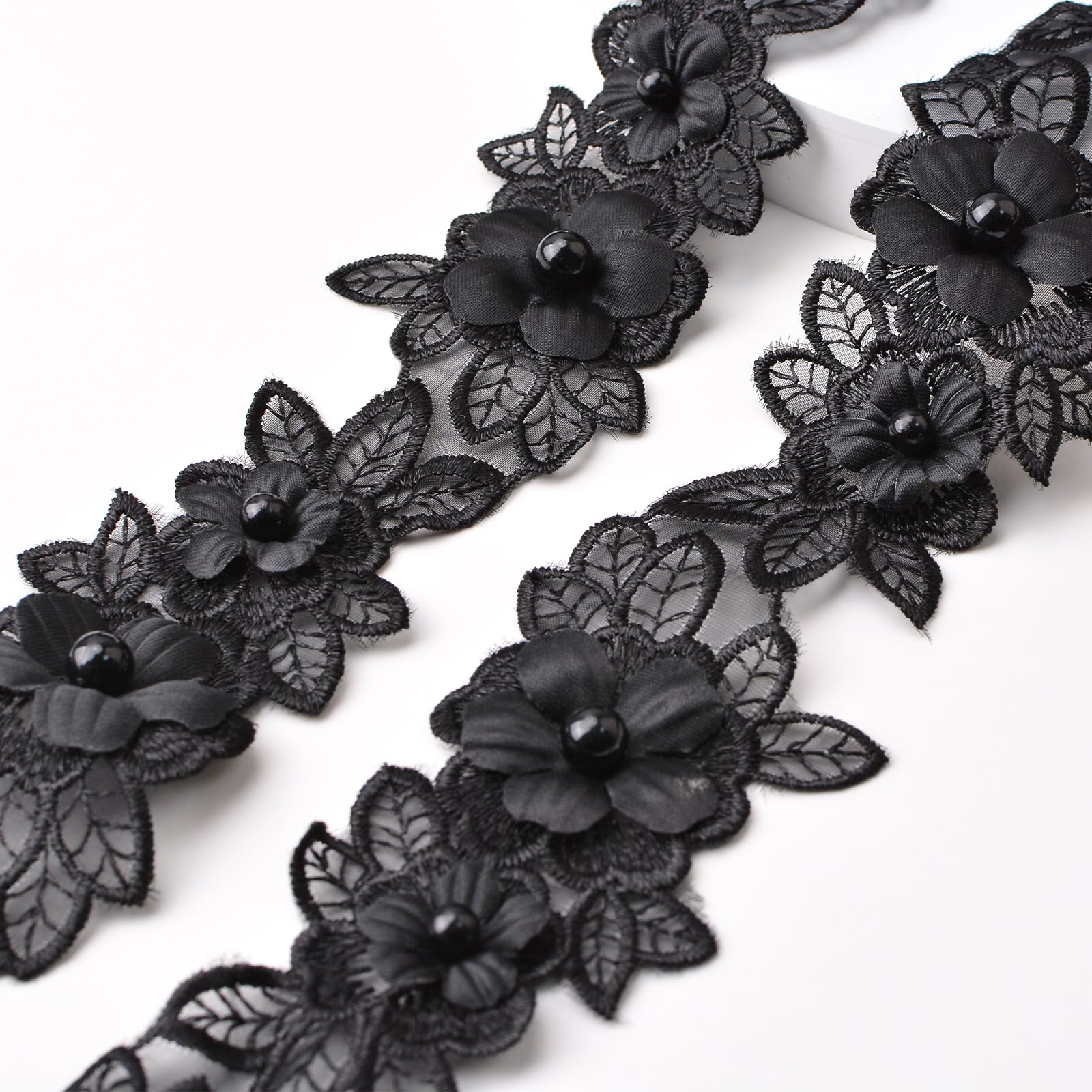 URROMA Black Floral Lace Trim, 2.18 Yards Organza Polyester Lace, 5.5cm Wide, Wedding & Special Occasions