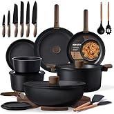 CAROTE 38pcs Pots and Pans Set Non Stick, Cookware Set Detachable Handle | Knife Set, Induction Compatible, Dishwasher &amp; Oven Safe, Space Saving, Camping Cooking Set, Kitchen Set, Black