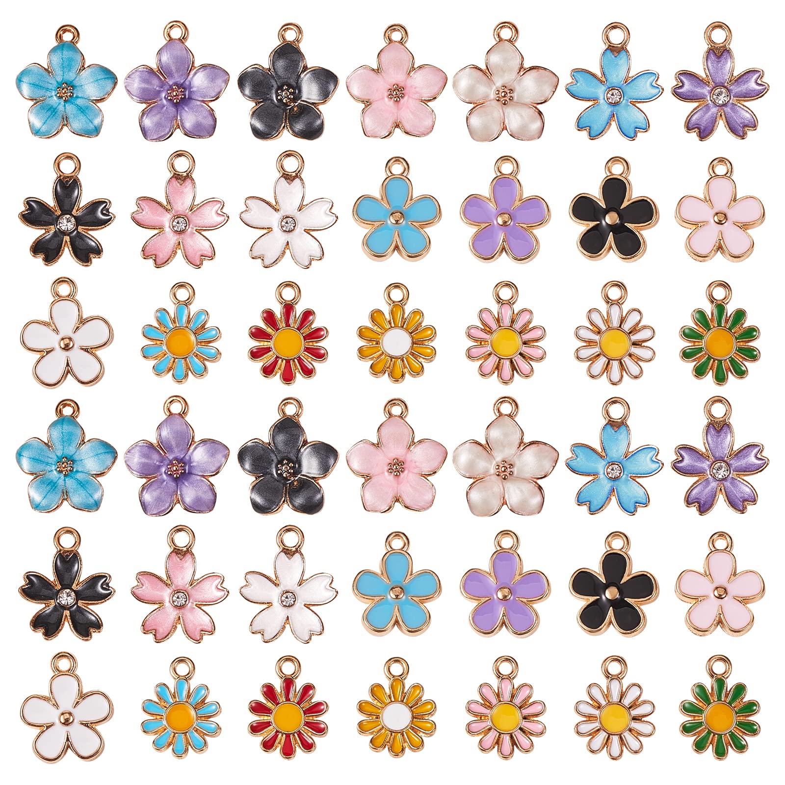 BEEFLYING 42 Pieces Flower Enamel Pendant Charms Assorted Gold Plated Alloy Pendants Daisy Flower Enamel Dangle Charms for Jewelry Making Craft Supplies